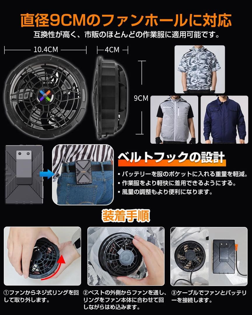 空調服用ファンバッテリーセット 最大42V出力 耐水防塵 無段階風量調