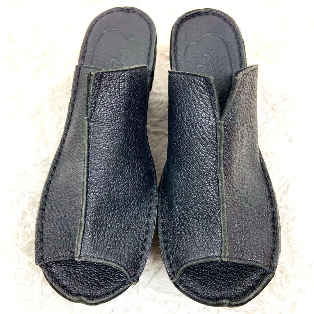 未使用級 ヒナデイグリーン レザー ミュール サンダル ウェッジソール L