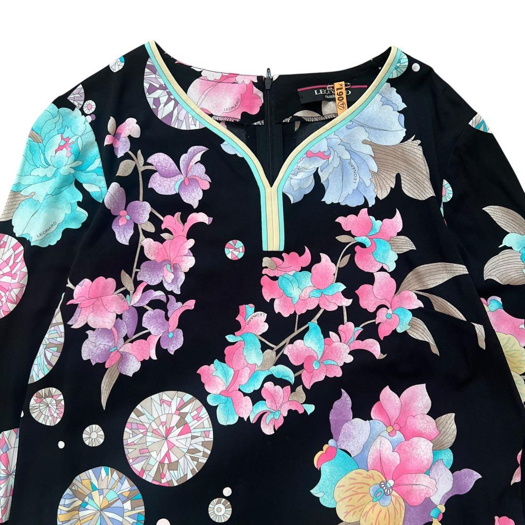 LEONARD　レオナール　花柄　チュニックブラウス　カンカン　ストレッチ　42