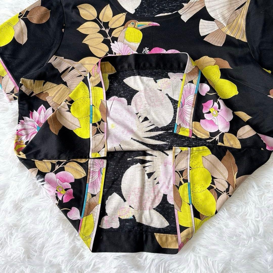 レオナール 花柄 カットソー ブラック コットン100 2XL 鳥 蝶 日本製