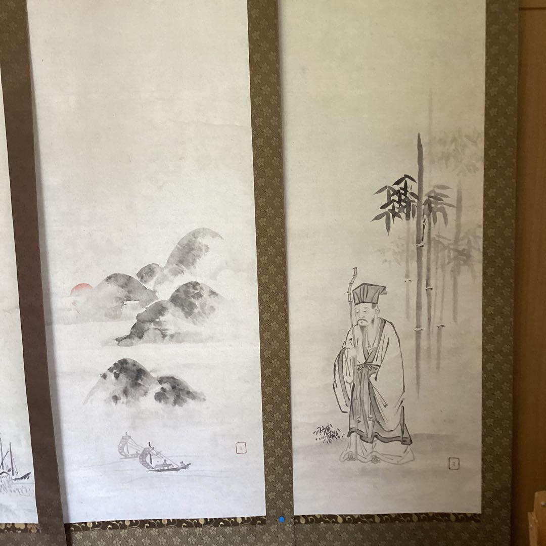 江月宗玩筆　紙本彩色水墨画　4幅対【竹林に鶏図、竹林に賢人　旭日山水　楼閣図】