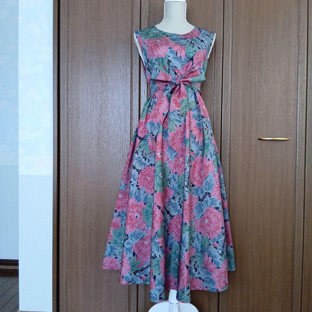 着物リメイク＊７マルキ本場大島紬 大輪柄＊ノースリーブテント型フレアーワンピース