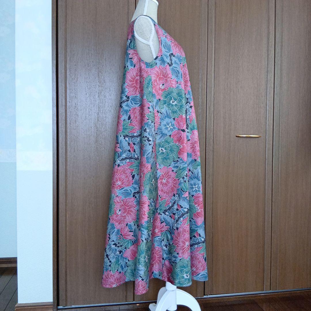 着物リメイク＊７マルキ本場大島紬 大輪柄＊ノースリーブテント型フレアーワンピース