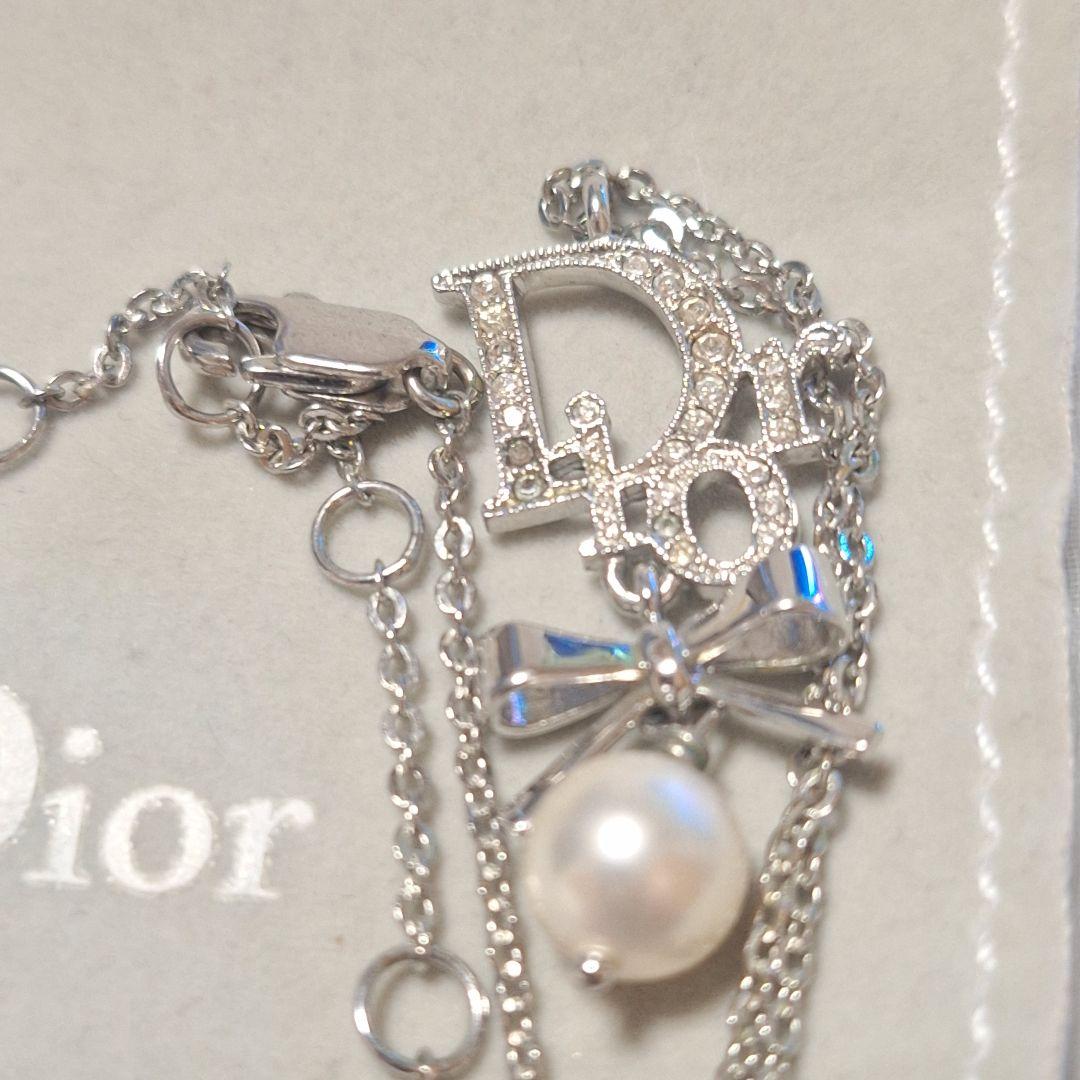 ディオール ネックレス ロゴ リボン パール ラインストーン袋付きヴィンテージ