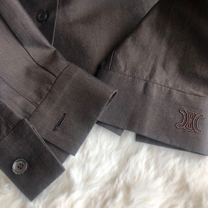 CELINE長袖ブラウス　セリーヌCマカダム刺繍　光沢　艶感　コットン100%