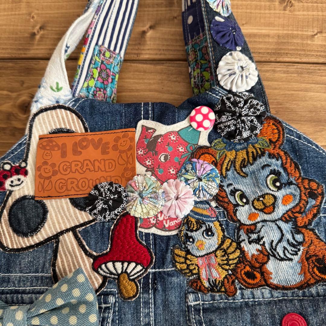 ハンドメイド デニムリメイク バッグ レトロアニマル ヨーヨーキルト 楕円 19