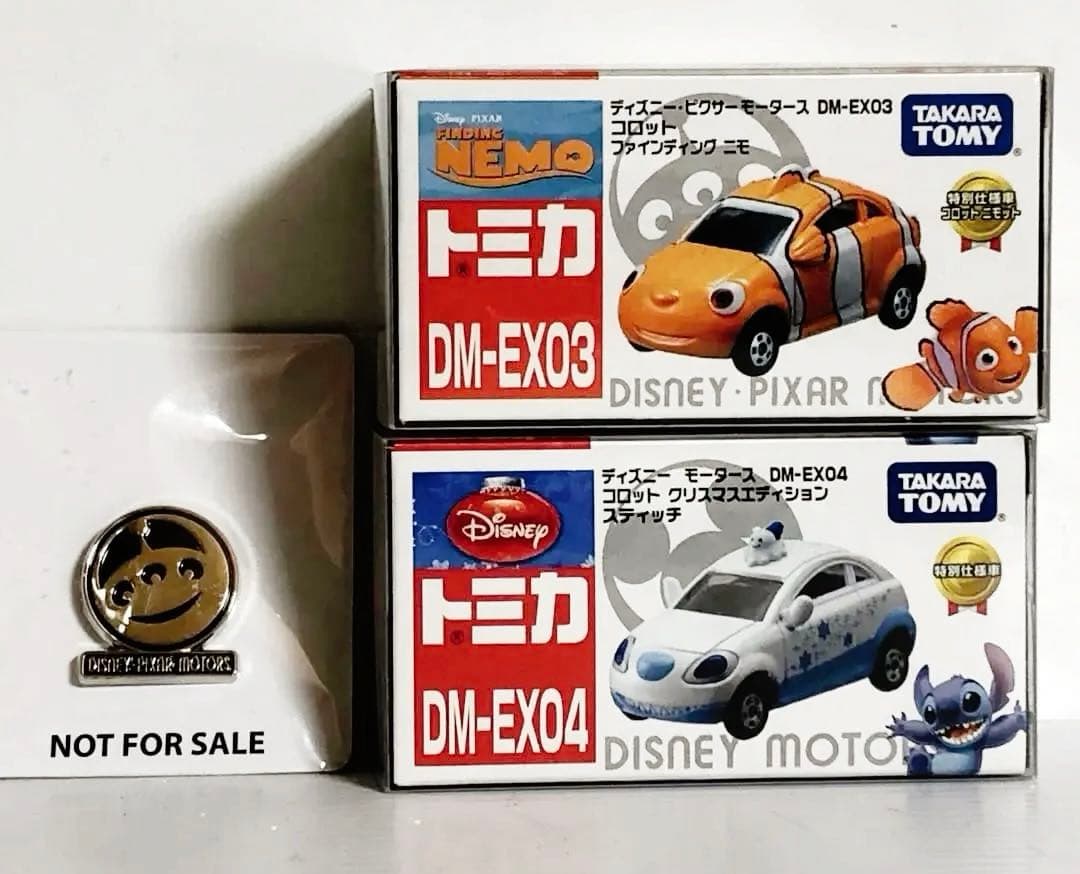 トミカ　ディズニーモータースDM-EX(03ニモ／04 ステッチ)+ピンバッジ