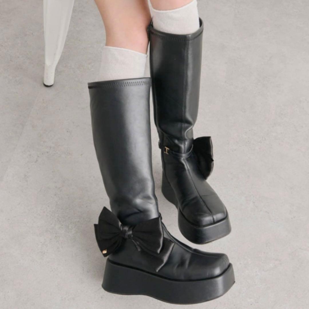 OLIVEdesOLVE BelleCharmeリボン付きスクエアロングブーツ