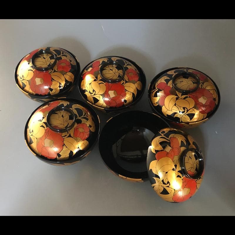 ◆506◆椿蒔絵　仙才吸物椀　木製漆器 平安堂 造 己ん典 作　五客 懐石