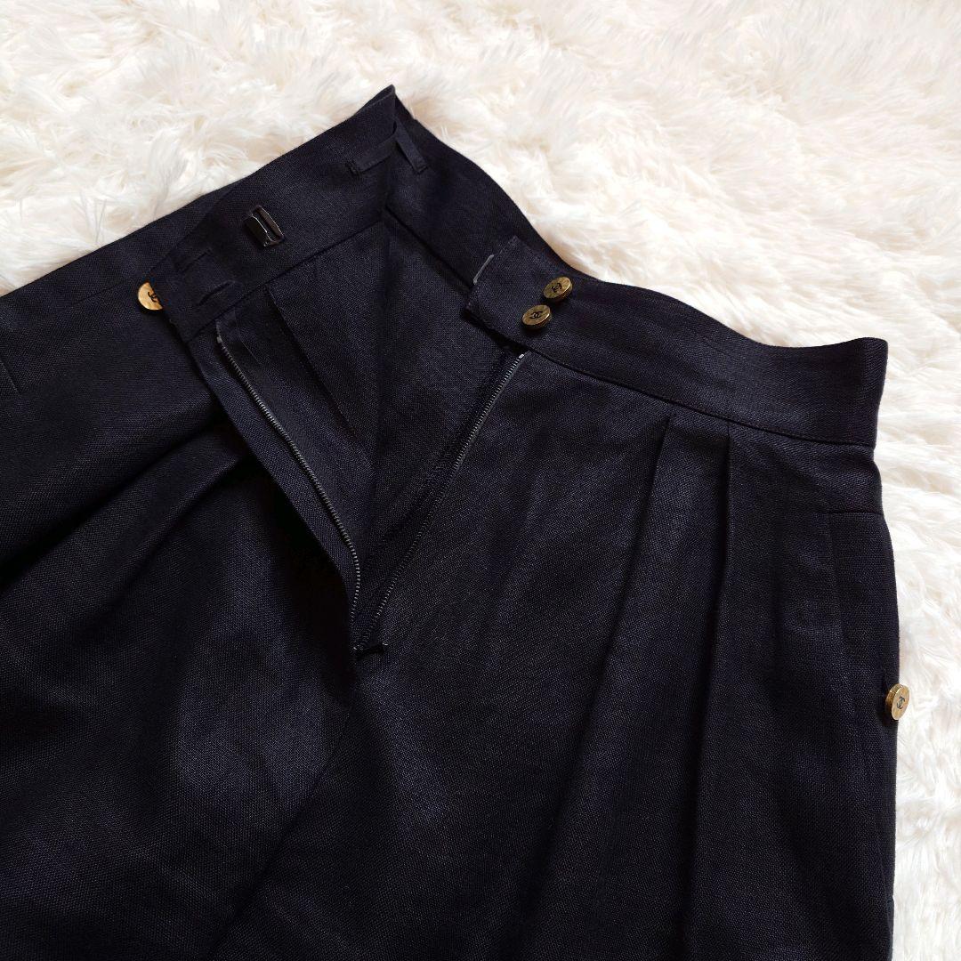 シャネル　ココマーク　金ボタン　リネン　ショート　ワイド　タック　パンツ