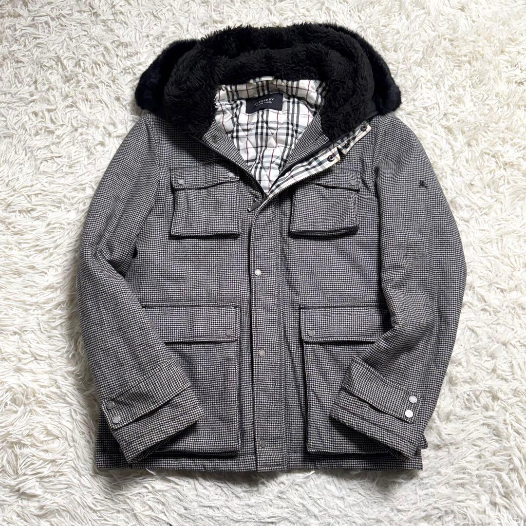 バーバリーブラックレーベル　パデッドコート　ノバチェック　千鳥柄　ラビットファー