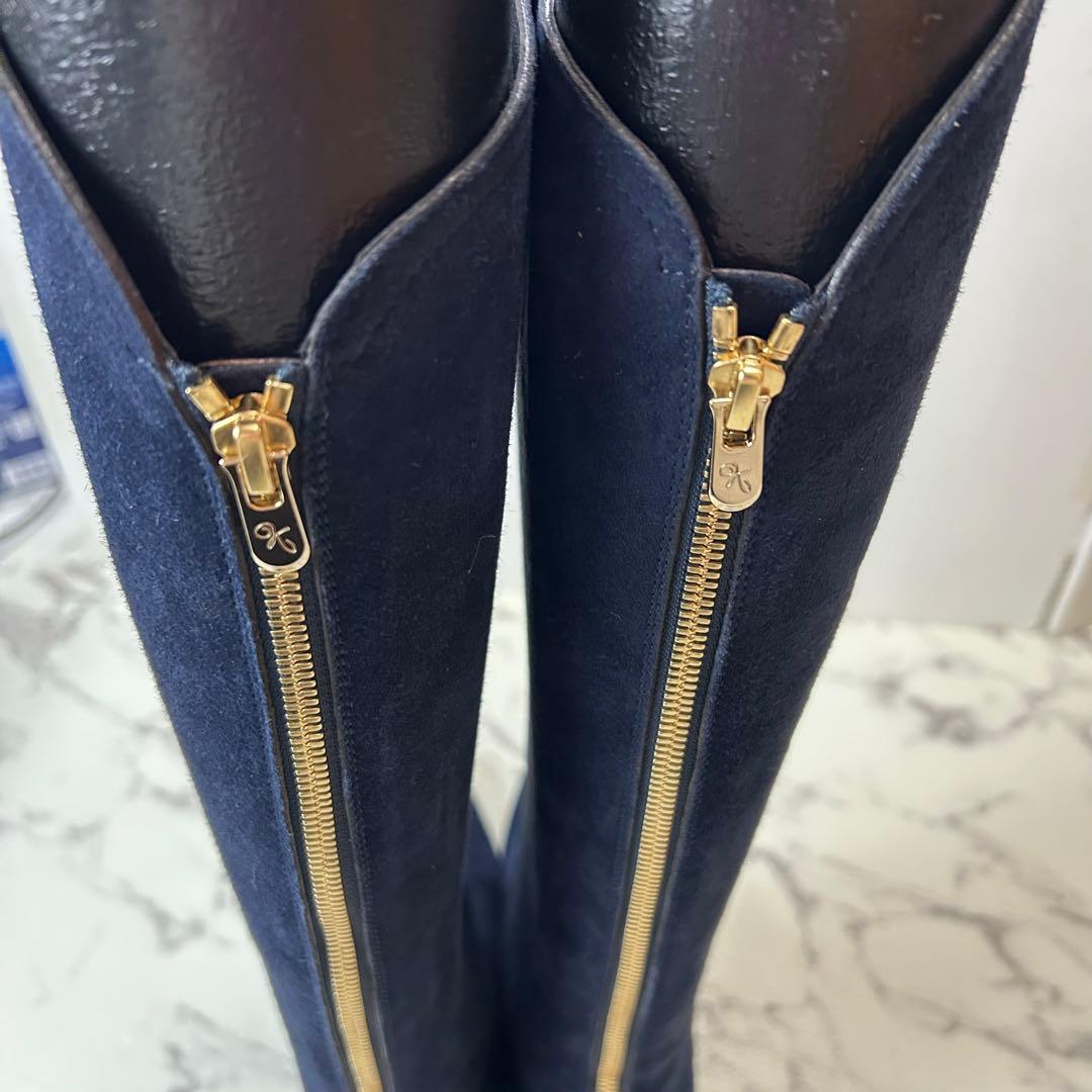 銀座かねまつ ロングブーツ ネイビー スウェード 25.5