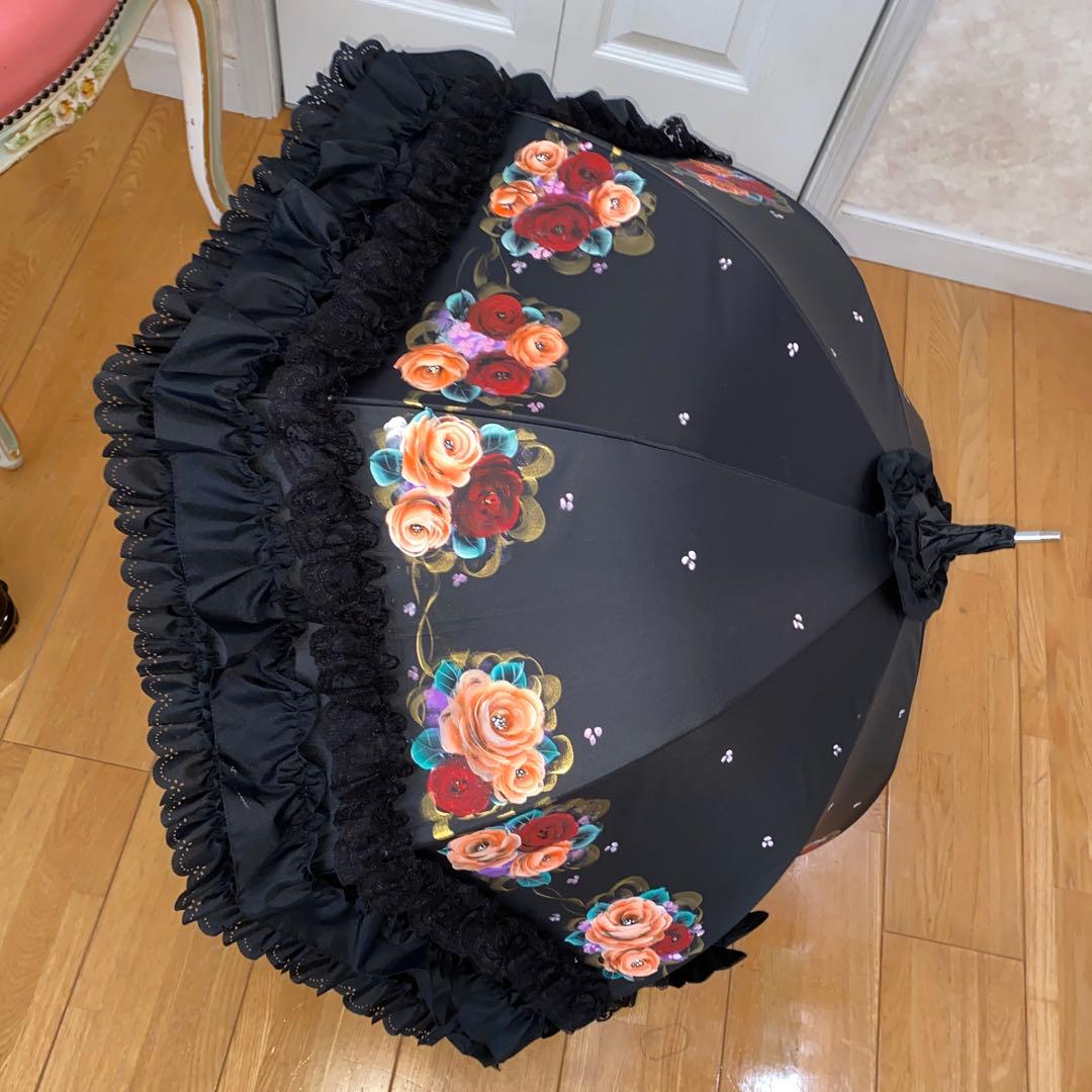 長傘　長靴　香水ボトル　ランチバック　薔薇　手描き　トールペイント