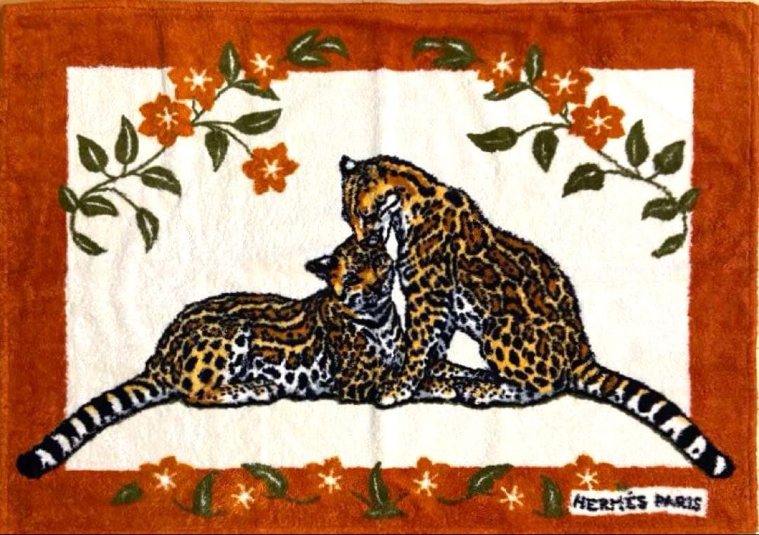 美品 エルメス ビーチタオル ラグ 玄関マット タイガー 虎 花柄 ブラウン