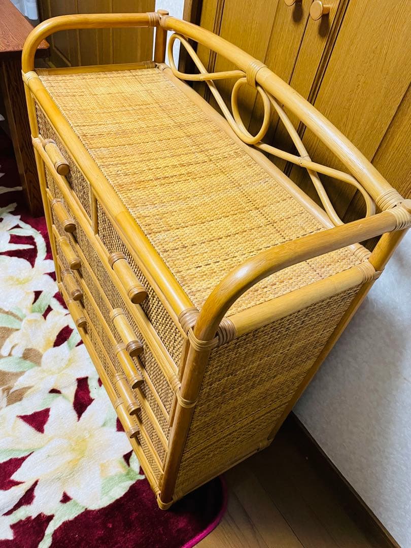 昭和レトロ　ラタン製チェスト 6引き出し ナチュラルウッド