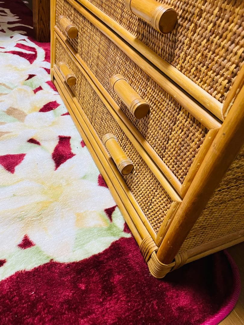 昭和レトロ　ラタン製チェスト 6引き出し ナチュラルウッド