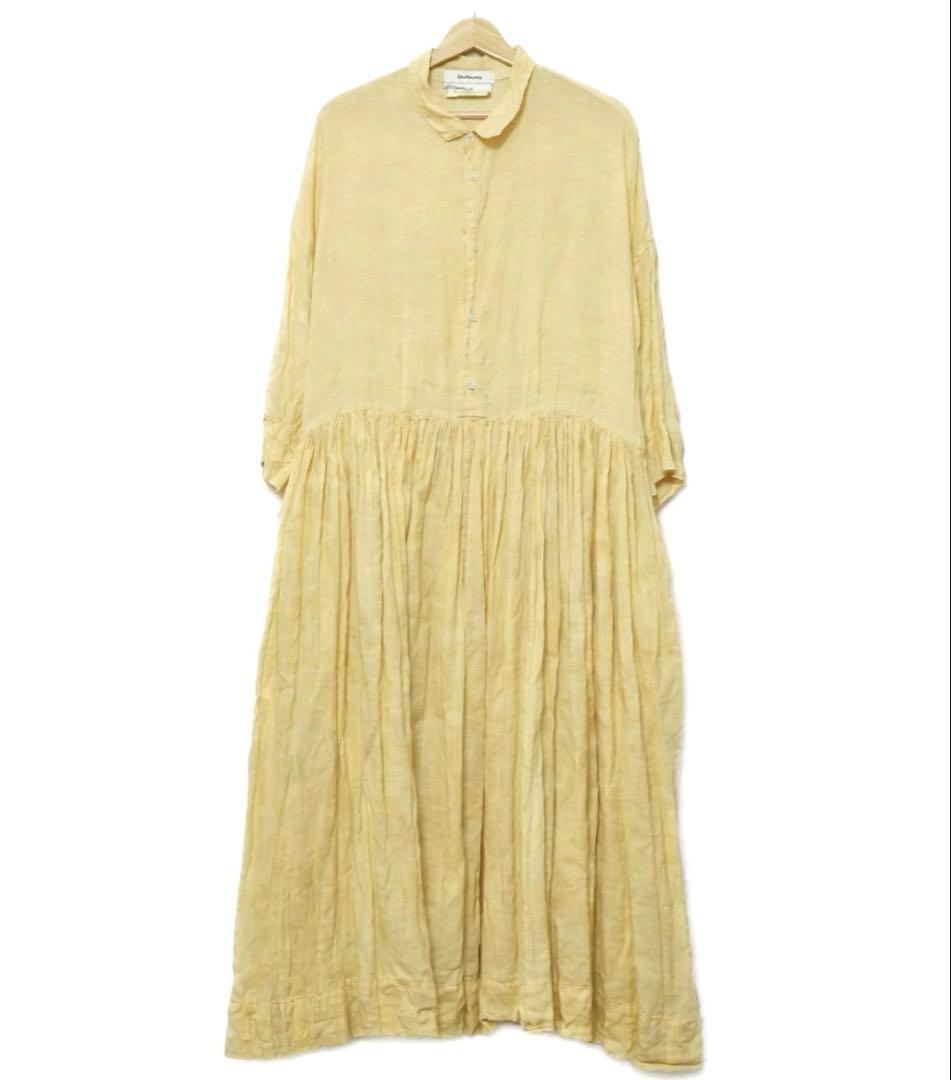ヴェリテクール 日本製 リネン　ギャザーワンピース ロング シャツ イエロー　麻