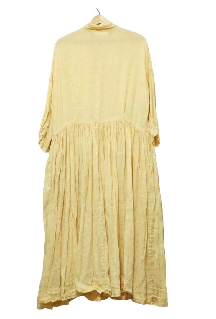 ヴェリテクール 日本製 リネン　ギャザーワンピース ロング シャツ イエロー　麻