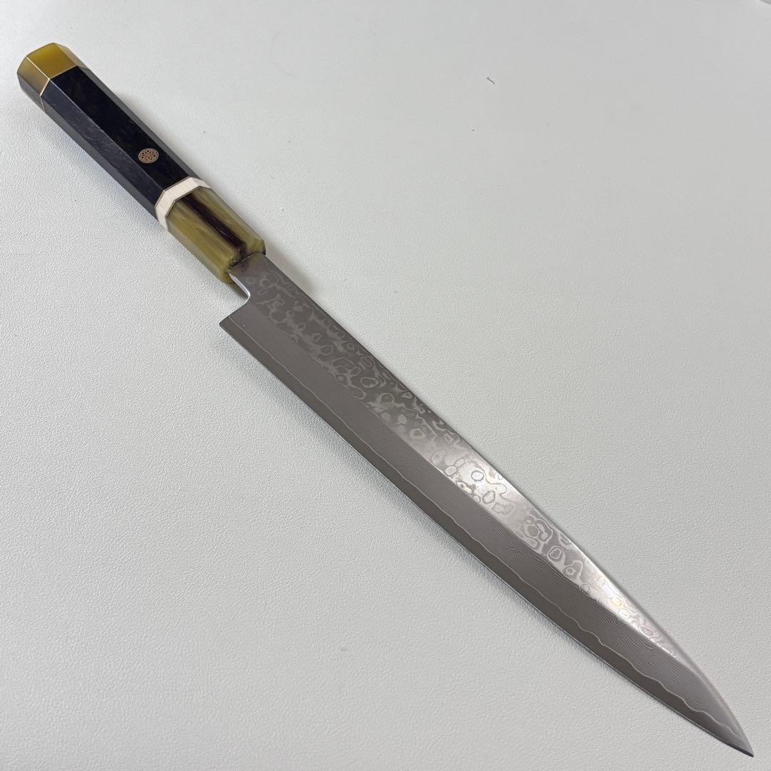 240mm 柳刃包丁 墨流しダマスカス黒檀 本 牛八角柄　刺身包丁 和包丁+