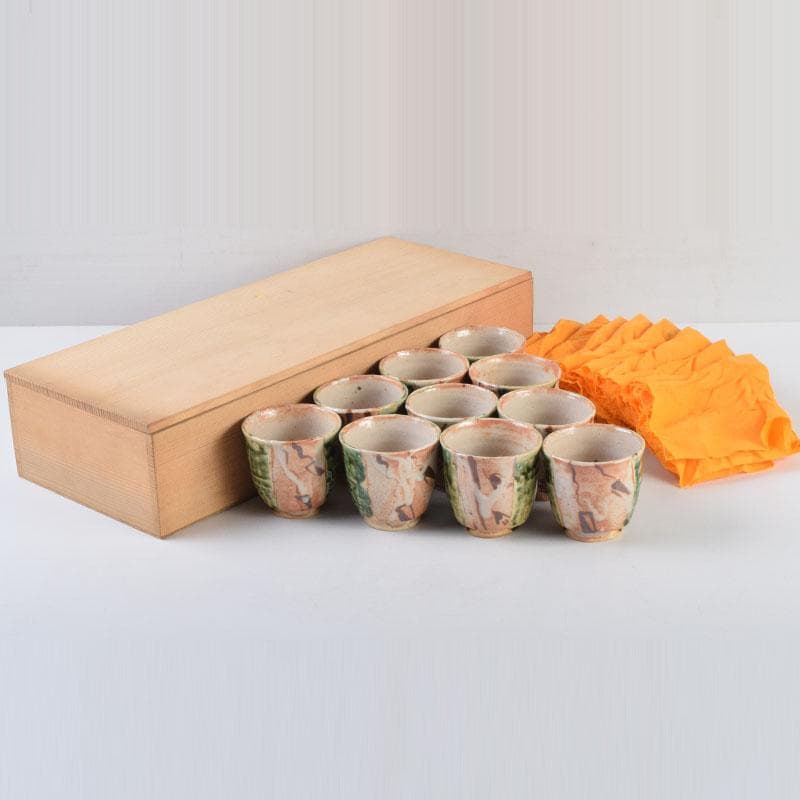 マサオ 煎茶道具　織部焼　煎茶碗　十客　陶印あり　時代箱　V　9069