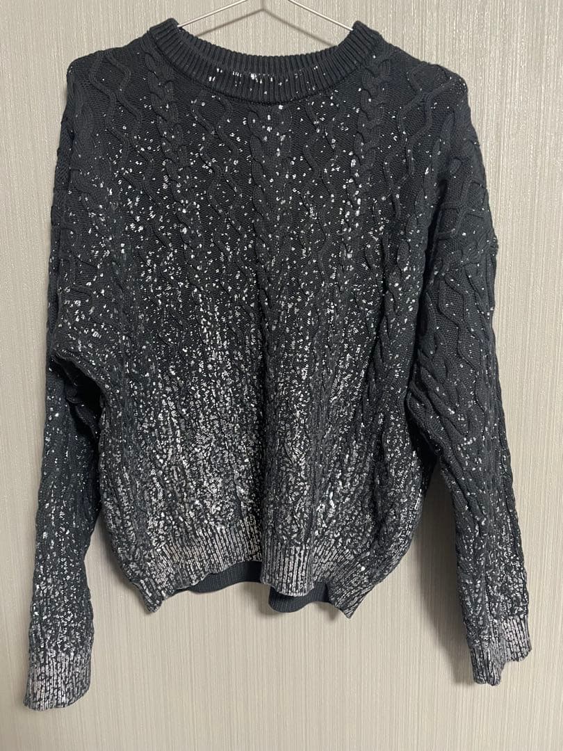 CLEL 箔プリントケーブルクルーネックニット　ブラック　L 中古品