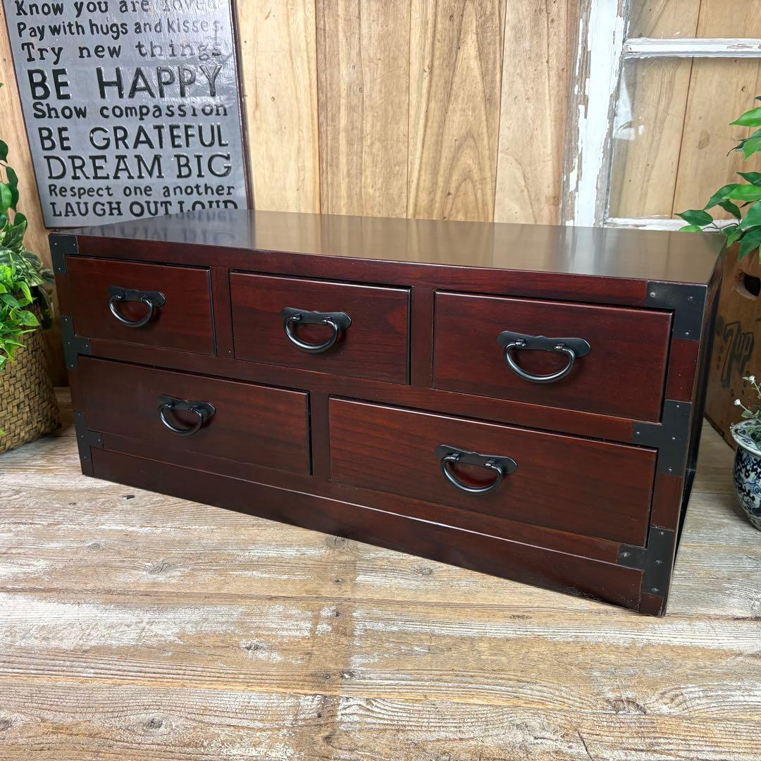 民芸家具☆木製桐材天然無垢和タンスチェスト横長（80㎝）飾り棚収納家具和室