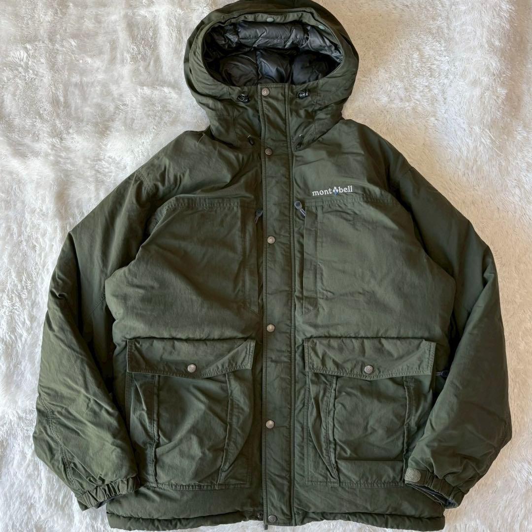 モンベル ローガンダウンジャケット XLサイズ ロゴ フード カーキグリーン 緑