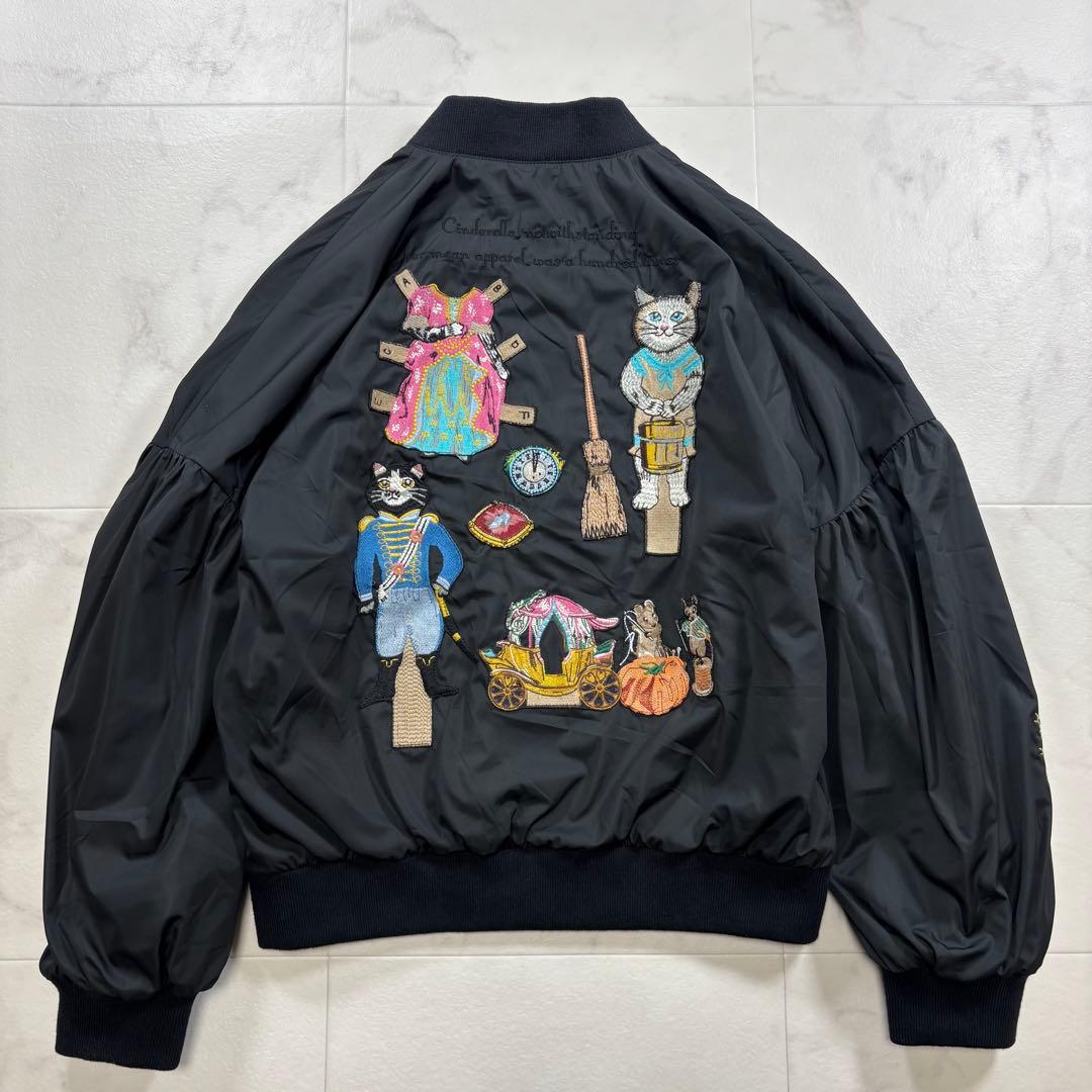 タマオワールド 刺繍ジャケット 猫柄 動物柄 MA-1 黒 ブラック