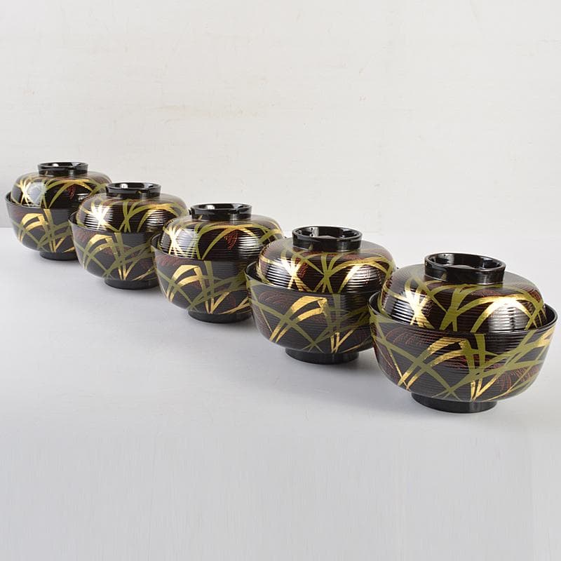 茶道具　山中塗　塗師　辻石斎造　糸目尾花椀　五客　共布共箱　U　R7473