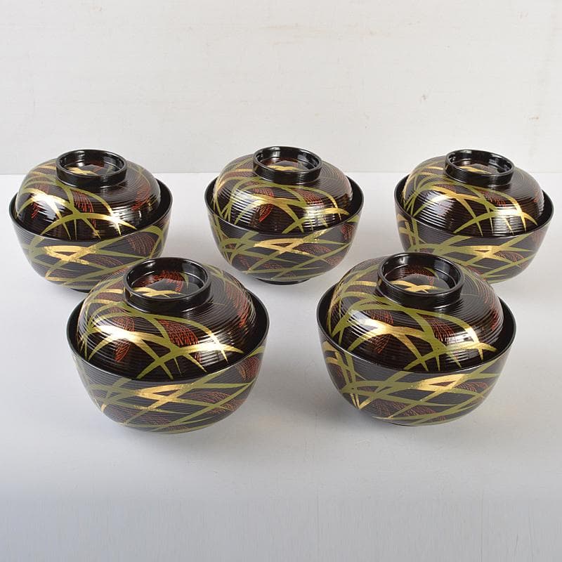 茶道具　山中塗　塗師　辻石斎造　糸目尾花椀　五客　共布共箱　U　R7473