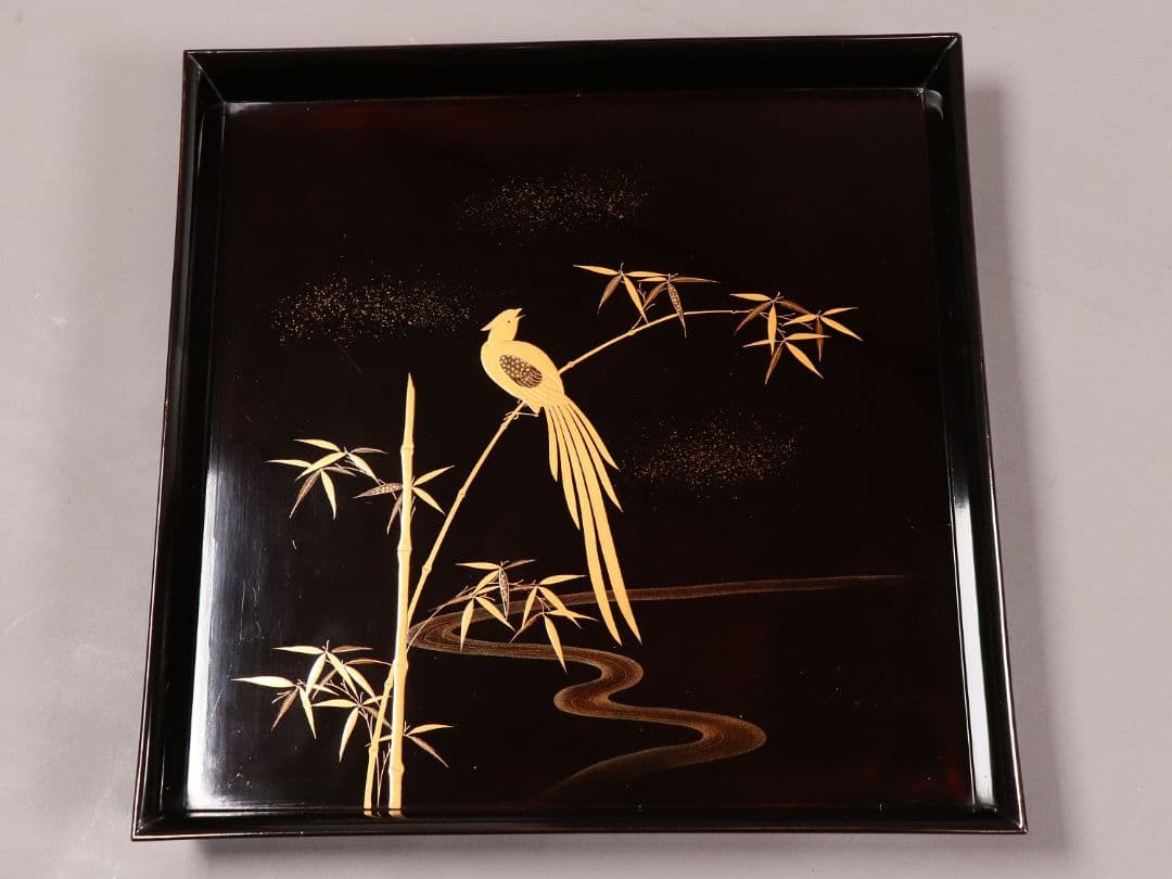 CM81 時代木製漆器 流水笹竹尾長鳥 金蒔絵 黒塗 四方膳 足付 五客 吸物膳