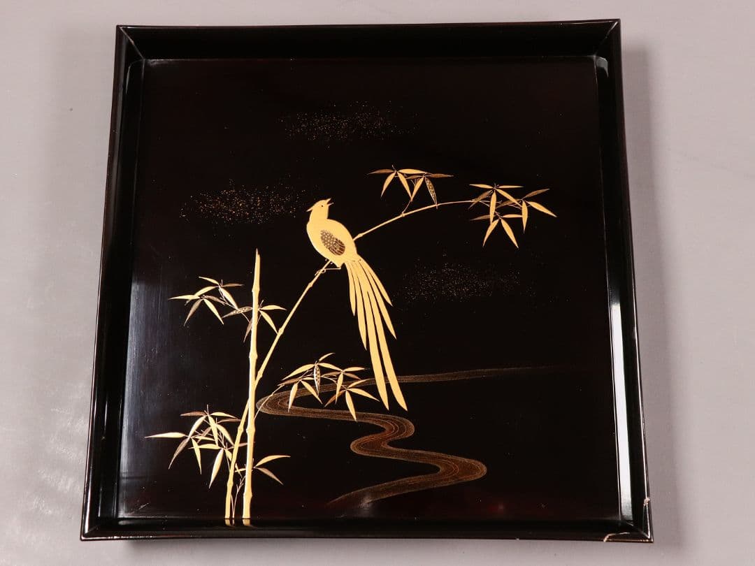 CM81 時代木製漆器 流水笹竹尾長鳥 金蒔絵 黒塗 四方膳 足付 五客 吸物膳