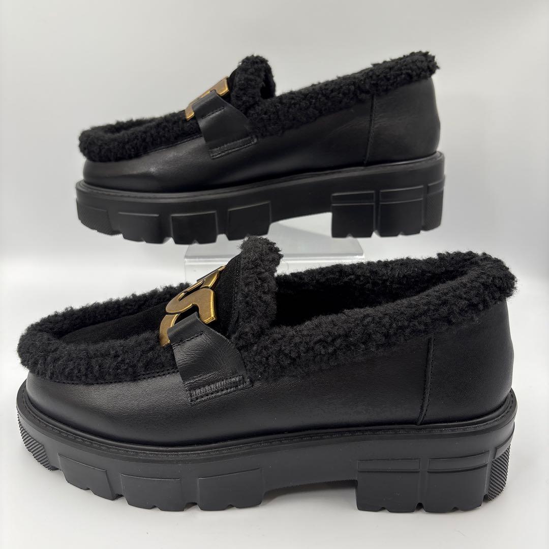 【未使用級】ヒルズアベニュー 厚底ローファー ムートン ボア チェーン 23.5