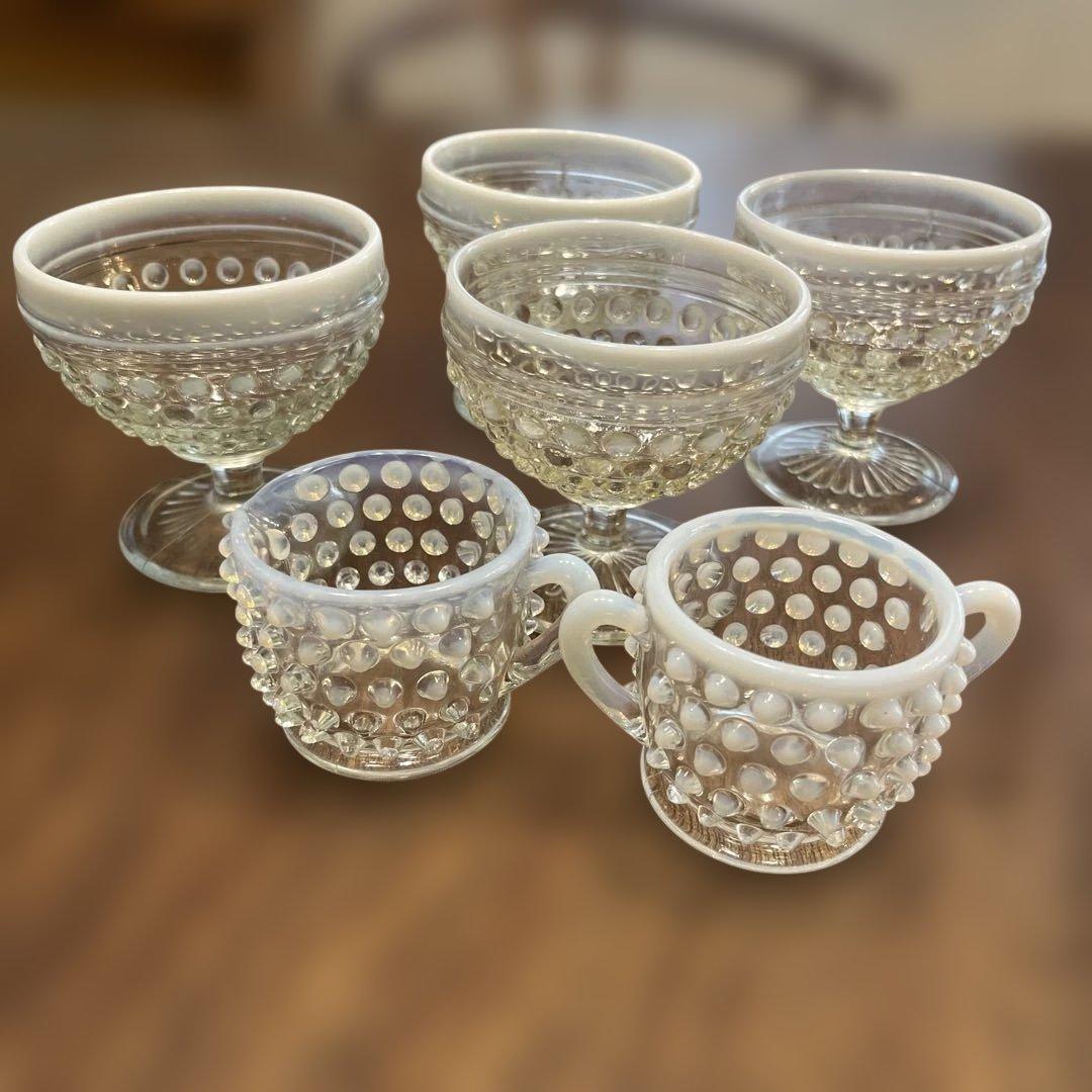 フェントン　ホブネイルオパールセント　シュガー&クリーマーとデザートグラス