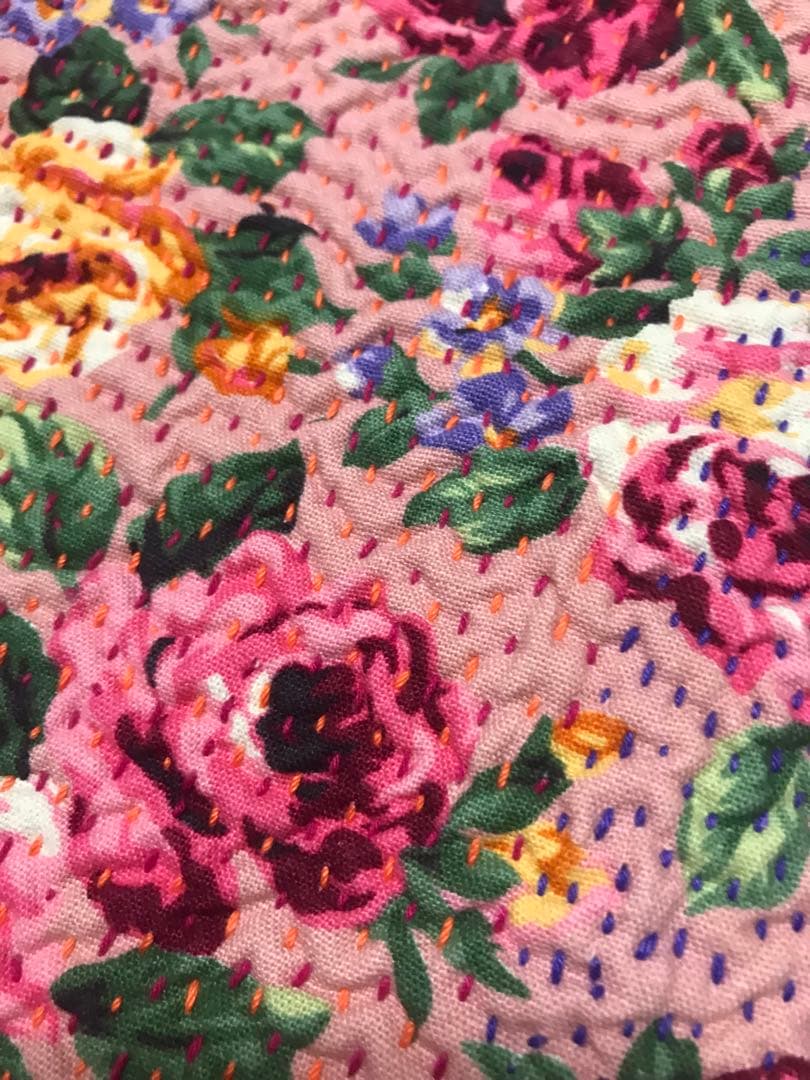 刺し子　刺子　波模様　花柄　バッグ 緑のハンドル付き　リバーシブル　グドゥリー