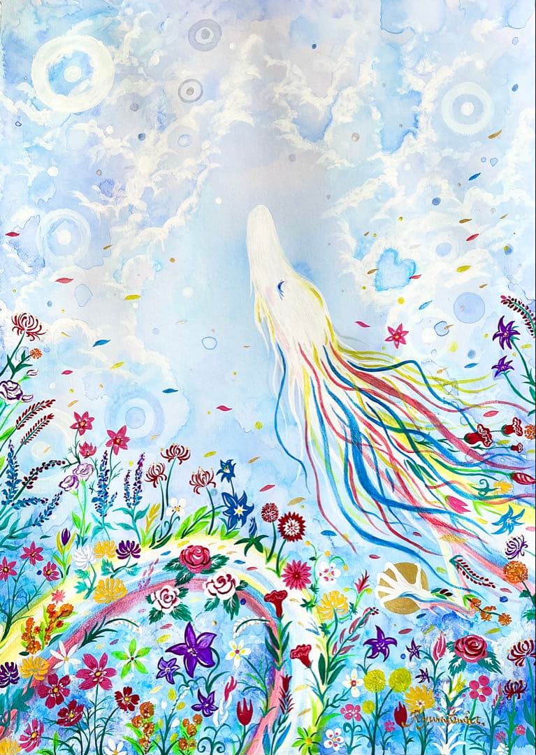 ありりん0703☆ 秋の花々と虹龍 絵画 アクリル画 開運絵画 龍ノツカイ