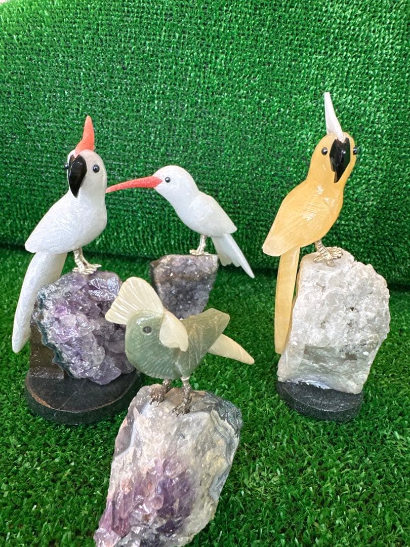 天然石 鳥 彫刻 置物 4点セット アメジスト台座