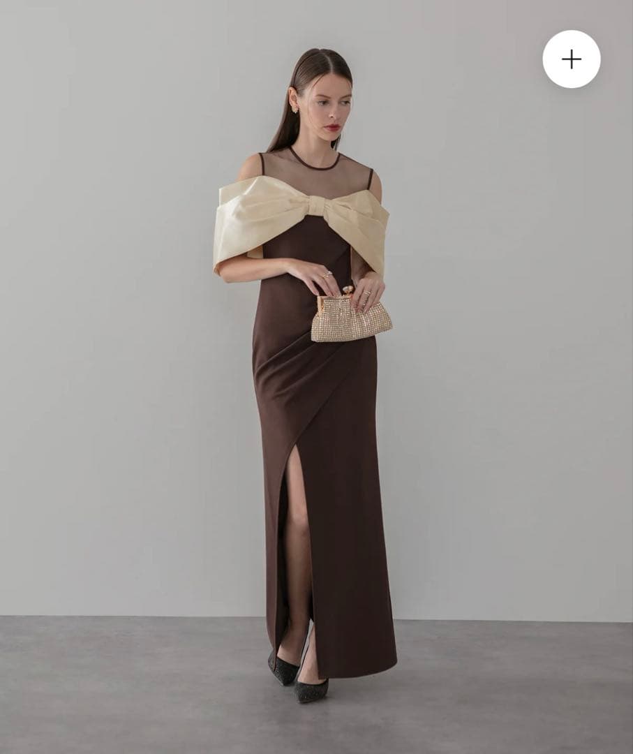 LEJA LUXEブラウンオフショルダーパーティードレス