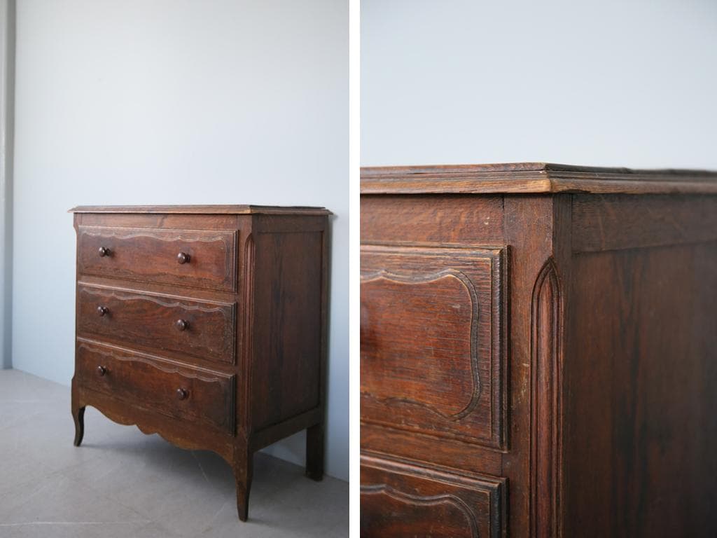 フランスアンティーク猫脚3杯ドロワー/木製チェスト/タンス/飾り棚(90-47)