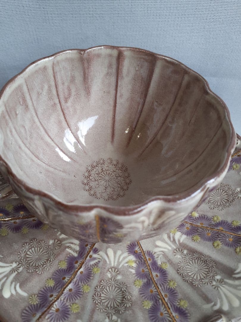 京焼　清水焼　紫彩華紋　竹華珈琲碗皿　陶楽　カップ&ソーサー