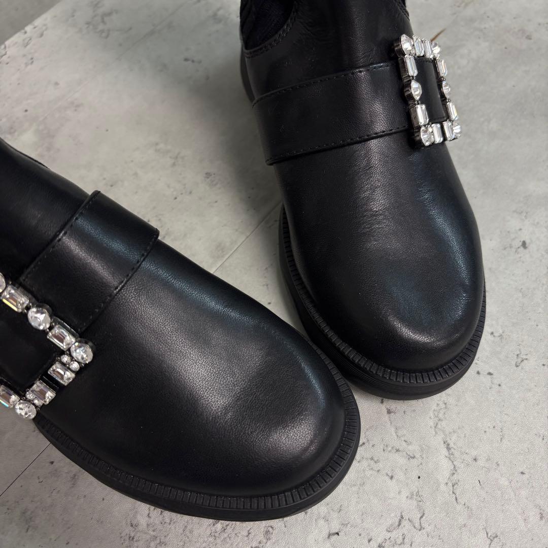 ここ +diana リブ ニット ショート ブーツ ビジュー バックル付