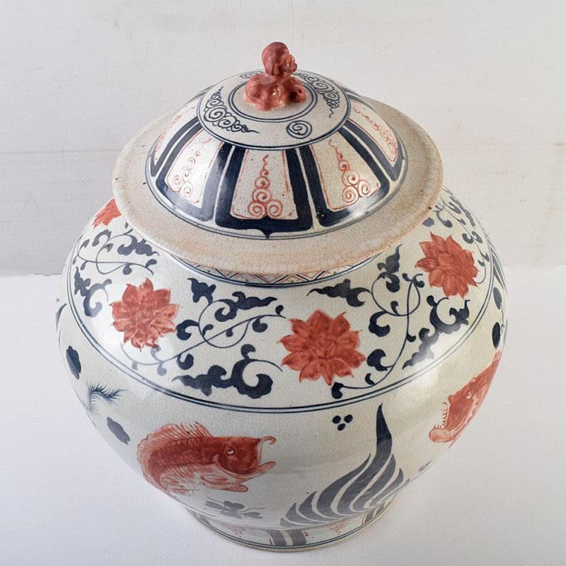 大発中国　辰砂　花弁魚藻文　獅子摘　蓋壺　Ｃ　8939Ａ