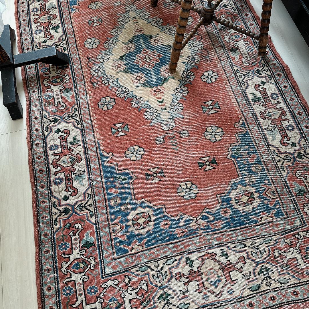 トルコヴィンテージラグ A51 レア オレンジ テラコッタ ネイビー グリーン