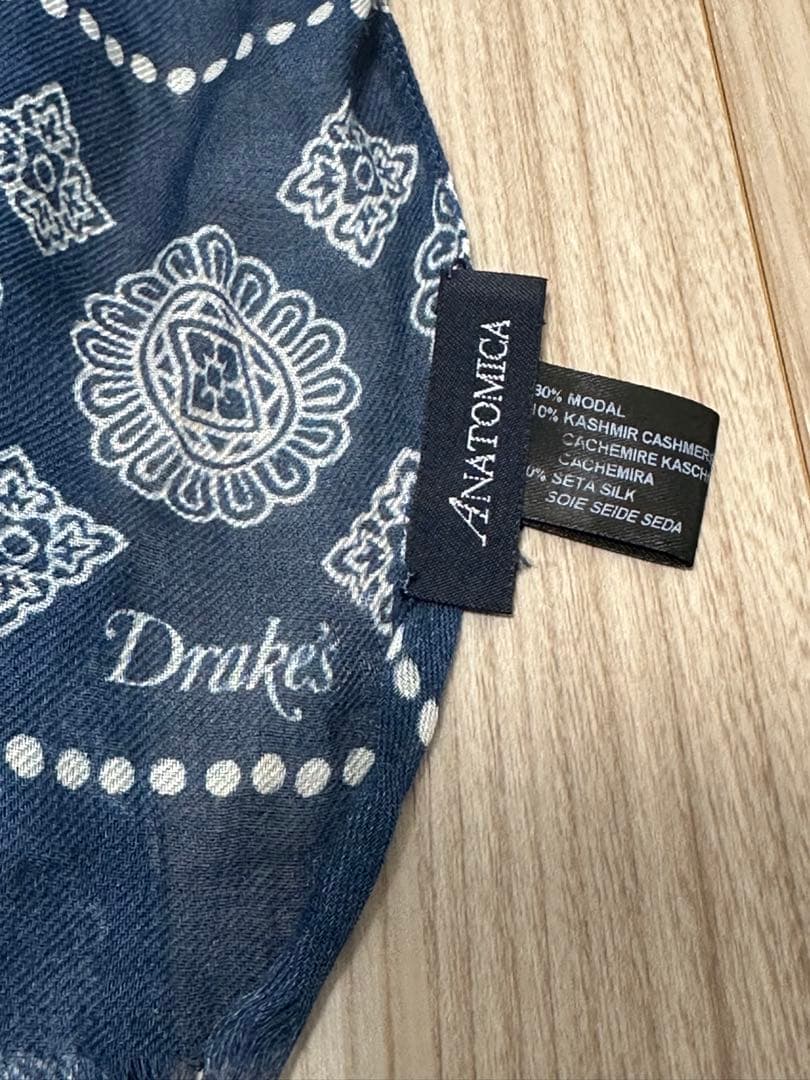 anatomica Drake's ネイビー ブロックプリントストール