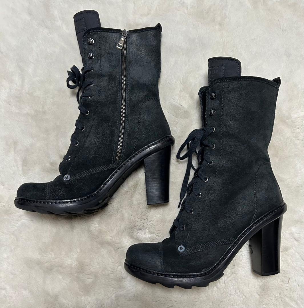 PRADA/レースアップブーツ/size40.5/黒/スエード/サイドジップ