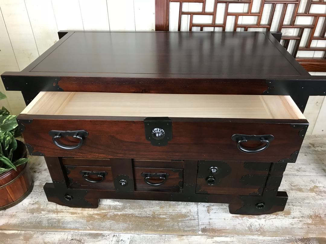 訳あり品！【83】民芸家具からくり車タンス L木製桐材天然無垢飾り棚収納チェスト