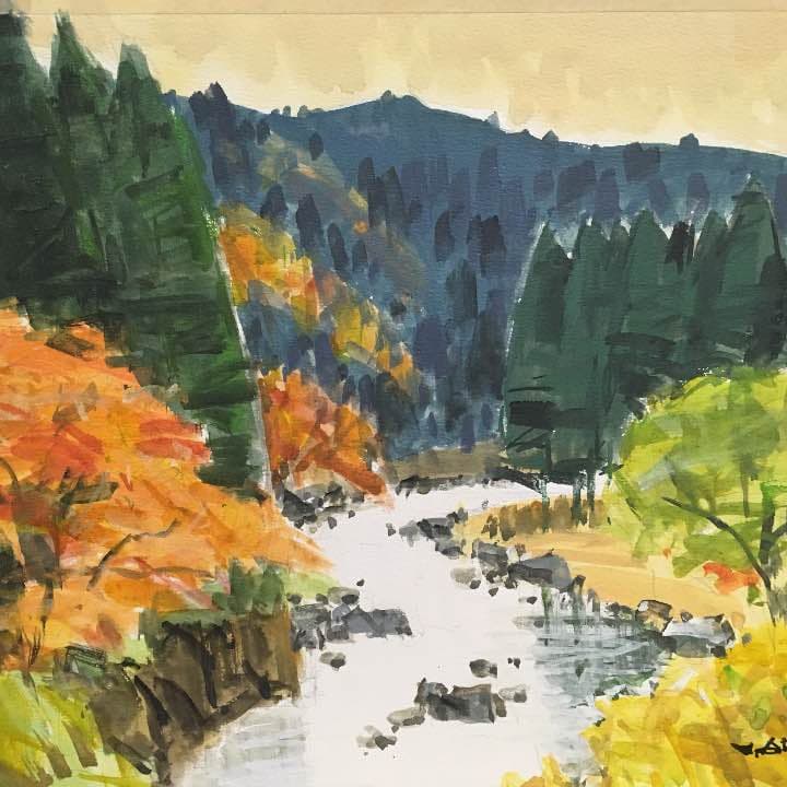 水彩画   秋の渓谷   荒木久夫 NO8
