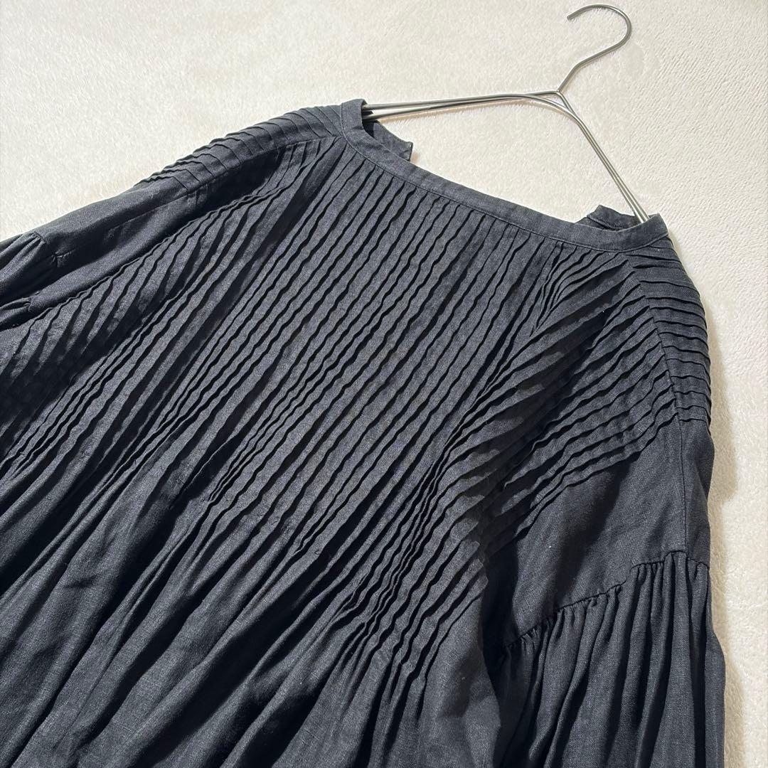 08mab ゼロハチマブ　ピンタック リネン ワンピース　ロング　麻100% 黒