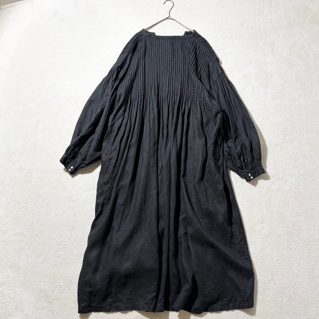 08mab ゼロハチマブ　ピンタック リネン ワンピース　ロング　麻100% 黒