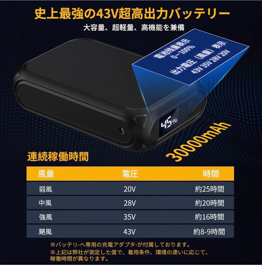 空調作業服 ファンバッテリーセット 43V超高出力 30000mAh 大容量 黒